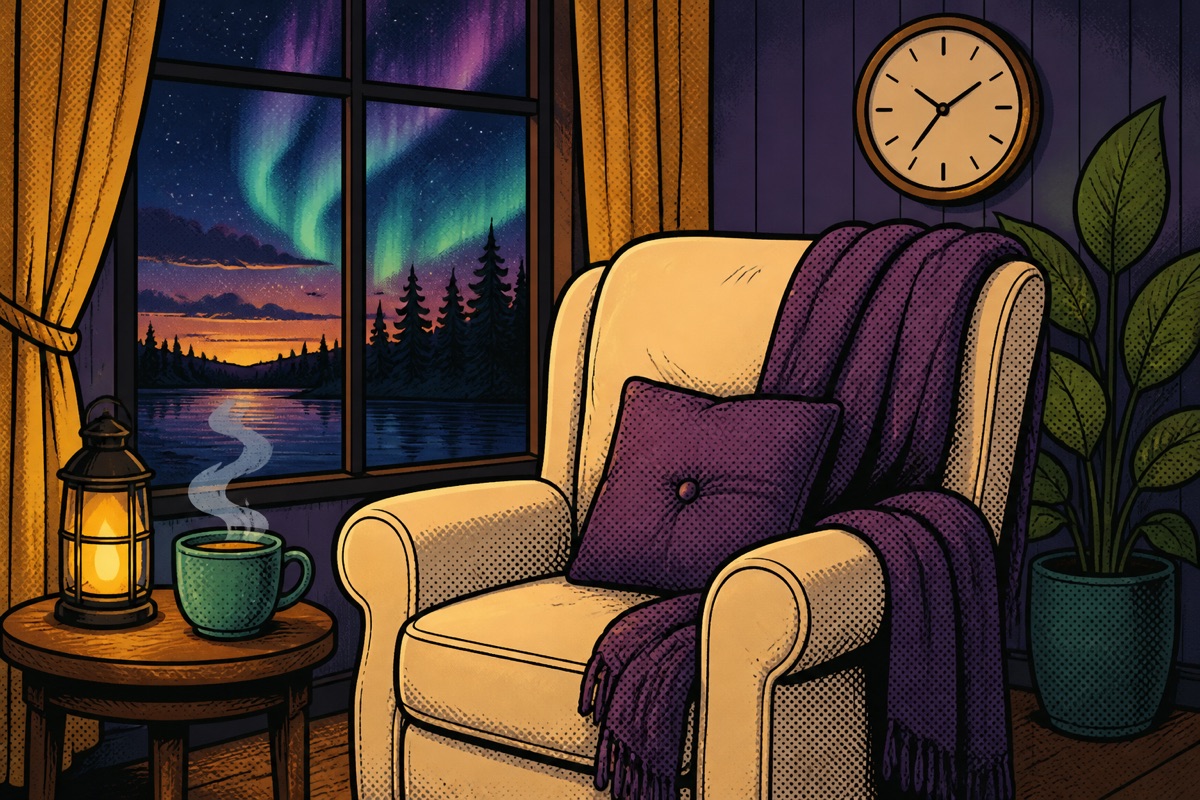Comic-style cozy room with an armchair, a mug of tea and northern lights outside the window
