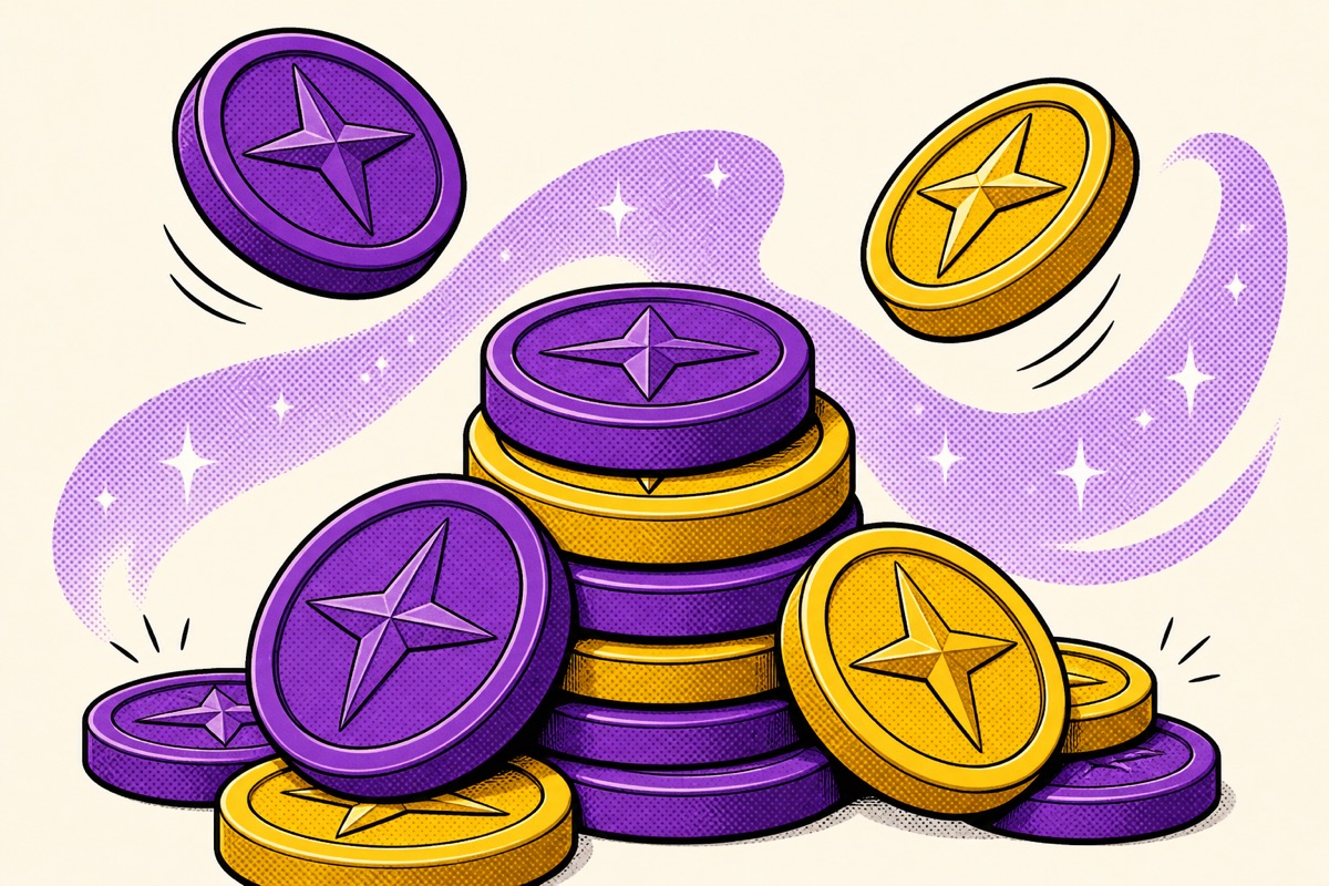 Comic-style stack of purple and gold toy game tokens marked with a north star