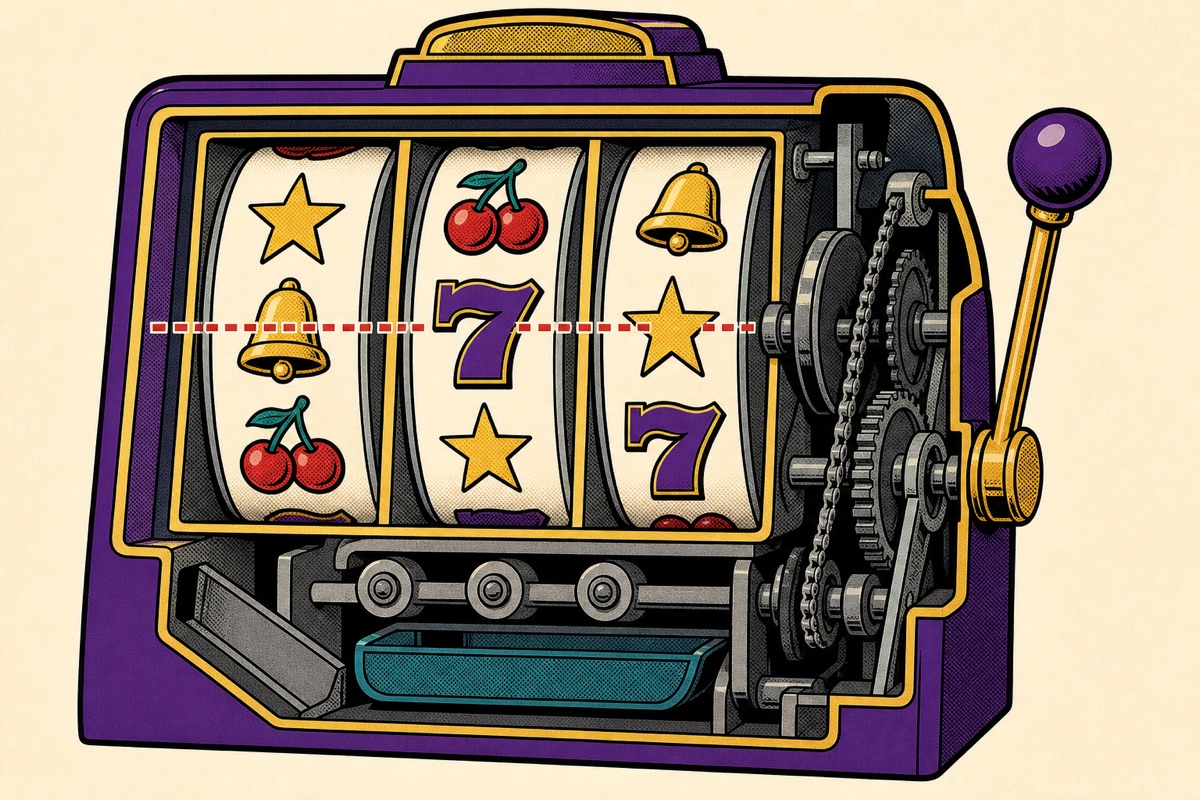 Comic-style cutaway of a slot machine showing three reel strips and a dotted payline through the centre window