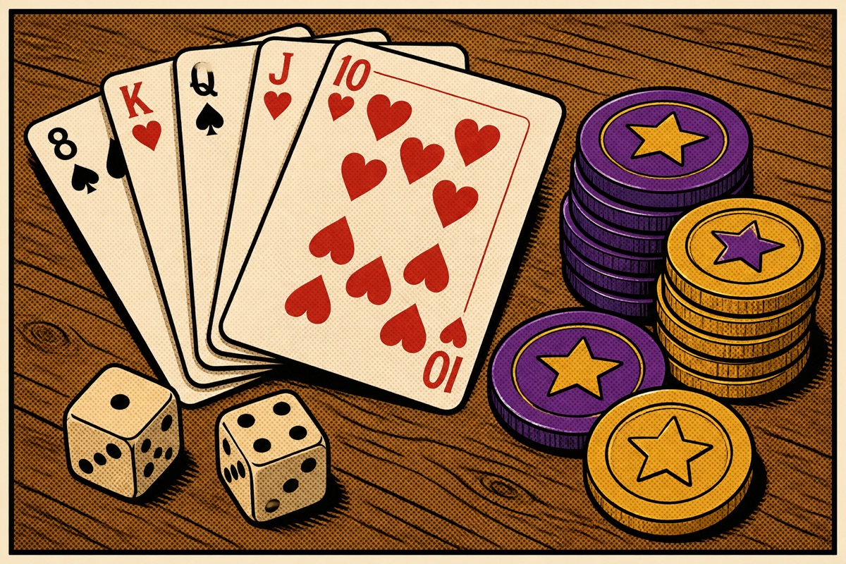 Comic-style still life of playing cards, dice and star-embossed game tokens