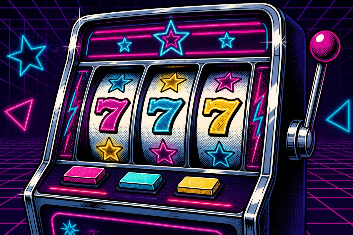 Comic-style drawing of a neon arcade slot machine with three glowing reels