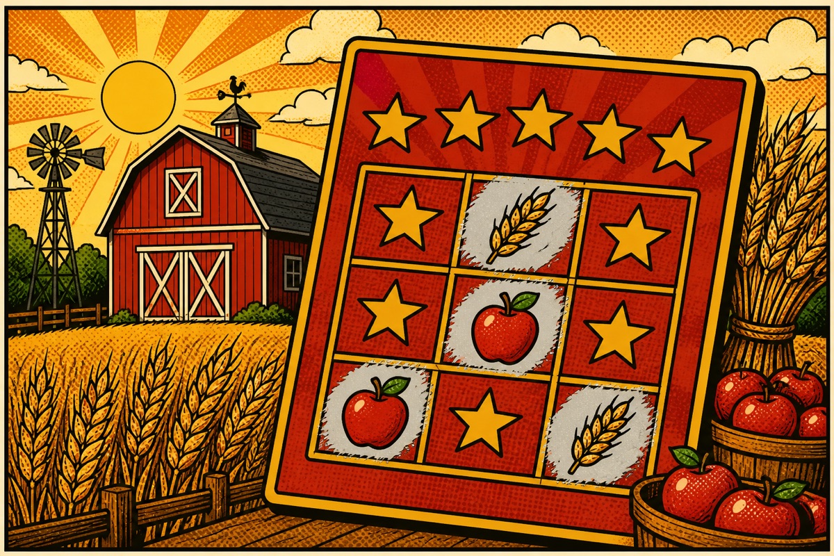 Comic-style drawing of a farm scratch card in front of a red barn and wheat field