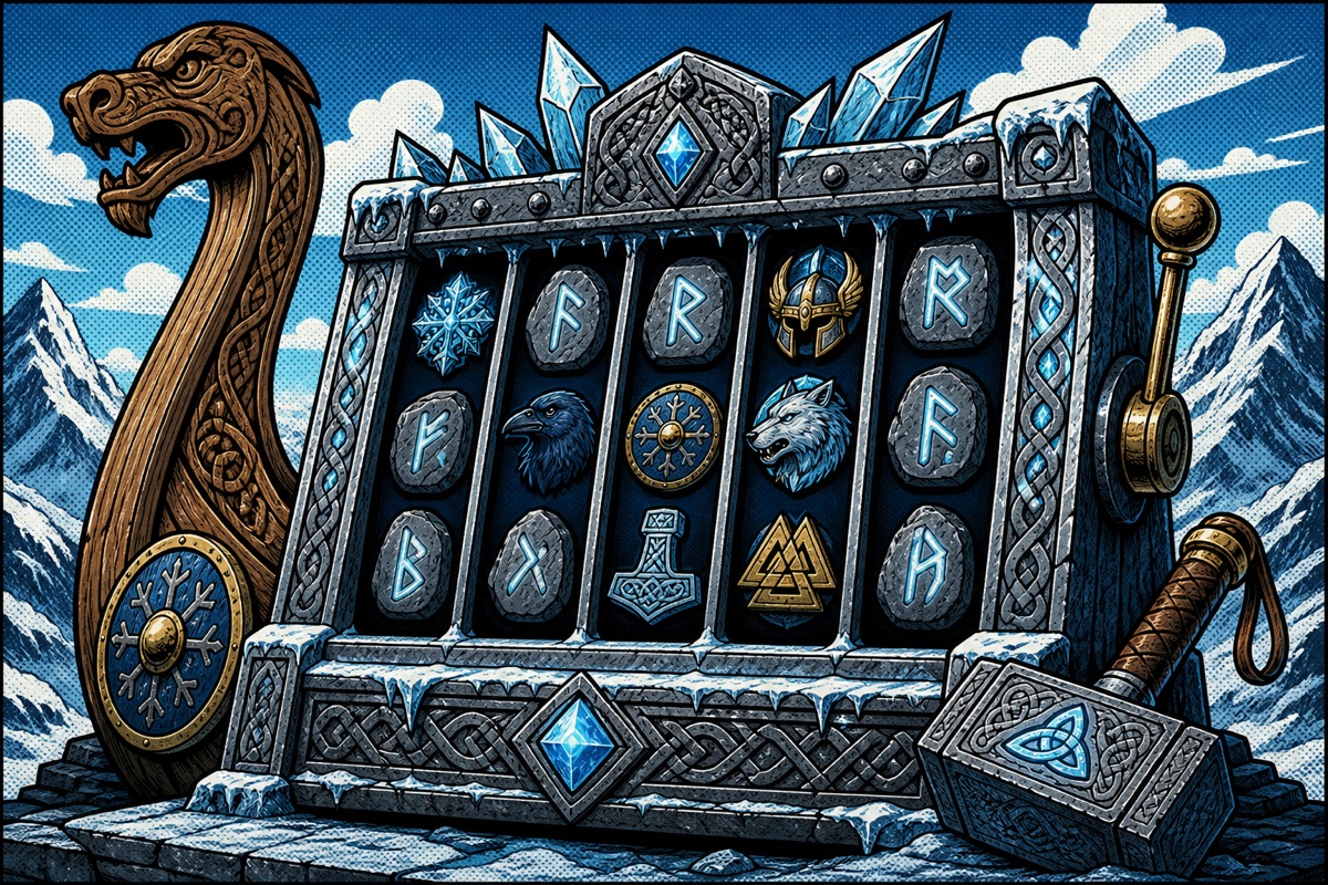 Comic-style drawing of a Norse slot machine carved from stone and ice, with rune symbols on five reels
